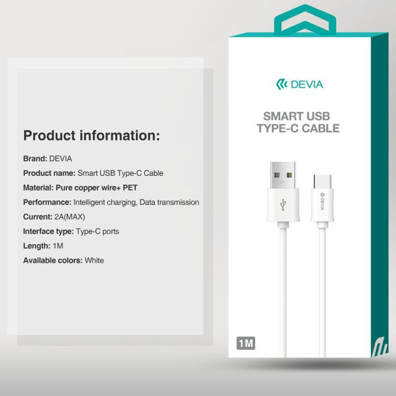 USB / USB-C kabel Smart, 2.1A, 1m, bel, Devia
