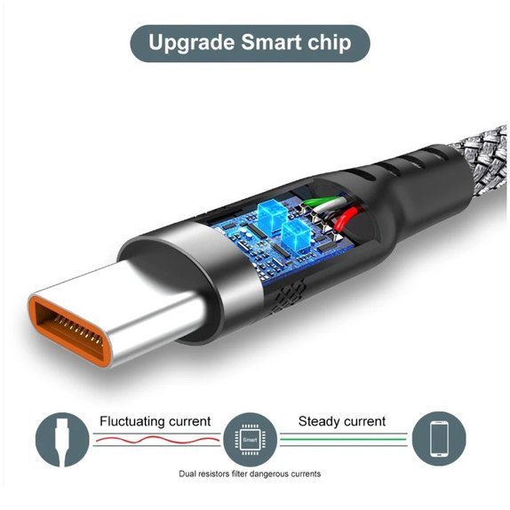 USB-A / USB-C kabel, 6A, 1m, siv