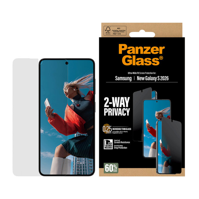 PanzerGlass - UWF 2-Way Privacy kaljeno steklo z aplikatorjem Samsung Galaxy S26, prozorno