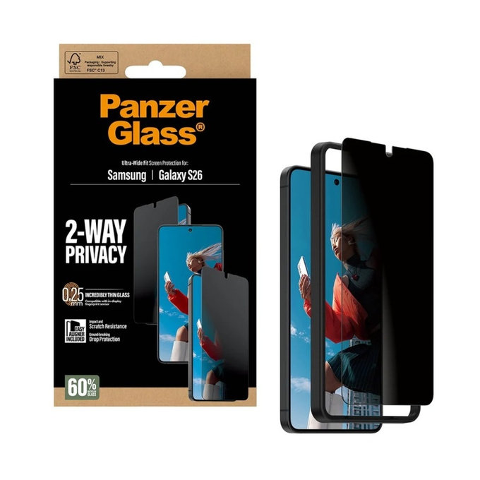 PanzerGlass - UWF 2-Way Privacy kaljeno steklo z aplikatorjem Samsung Galaxy S26, prozorno