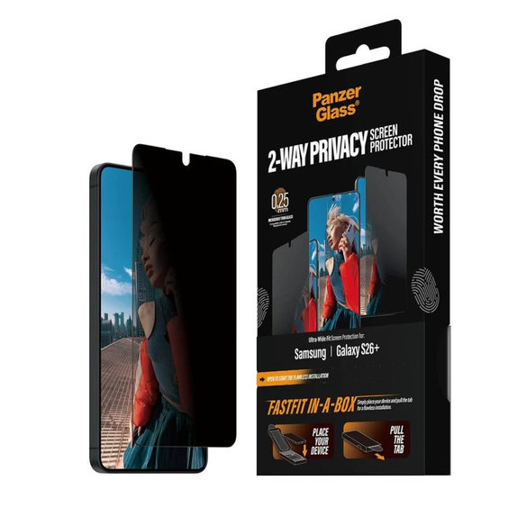 PanzerGlass - UWF 2-Way Privacy kaljeno steklo s FASTFIT In-A-Box za Samsung Galaxy S26+, prozorno