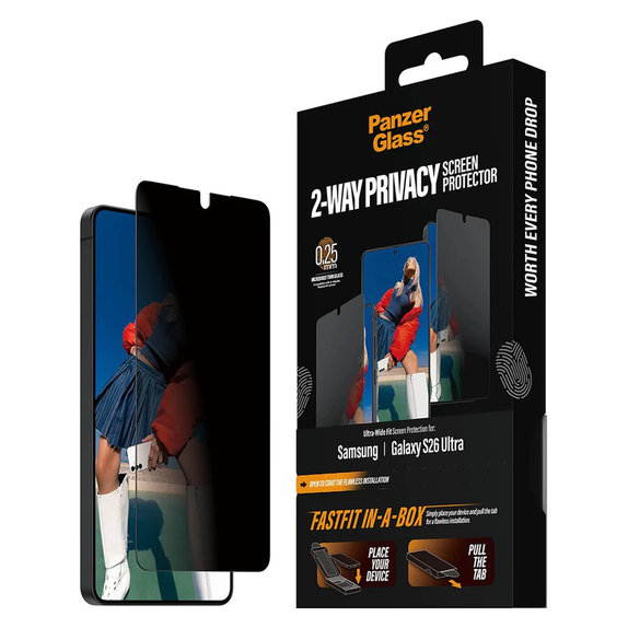 Kaljeno steklo UWF 2-Way Privacy s Fastfit In-A-Box za Samsung Galaxy S26 Ultra, Prozorna, PanzerGlass