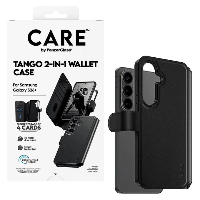 Ovitek Tango Wallet Two-In-One s QI za Samsung Galaxy S26+, Črna, PanzerGlass