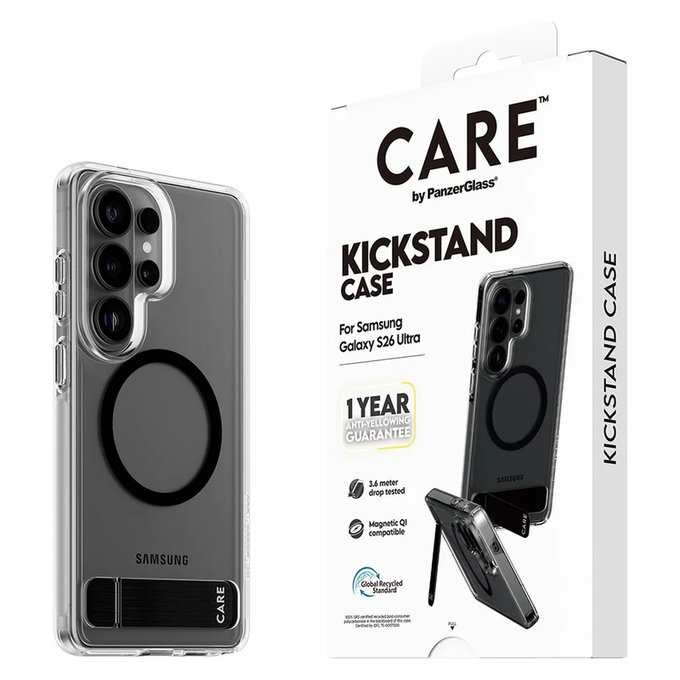 Ovitek Kickstand s črnim QI za Samsung Galaxy S26 Ultra, Prozorna, PanzerGlass