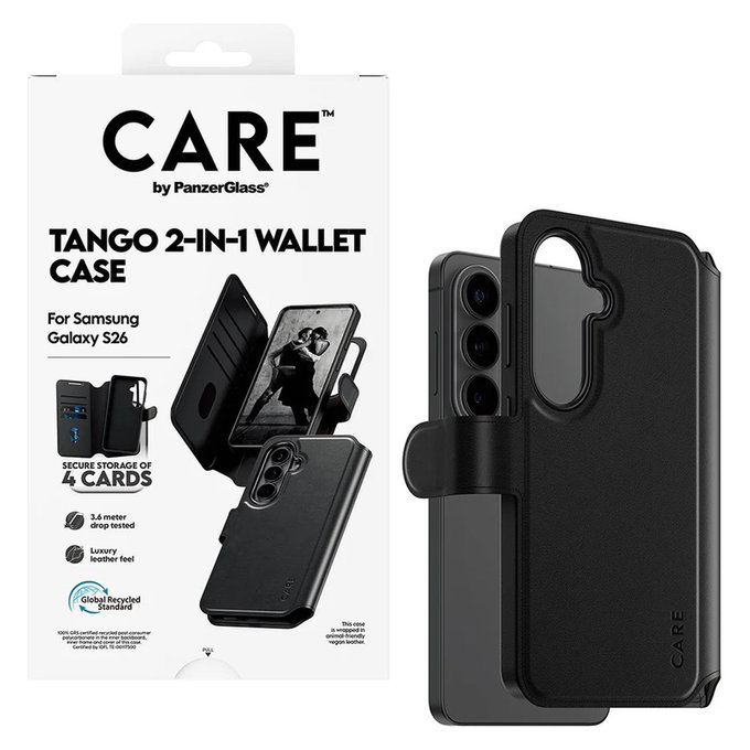Ovitek Tango Wallet Two-In-One s QI za Samsung Galaxy S26, Črna, PanzerGlass