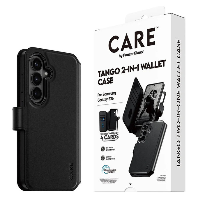 Ovitek Tango Wallet Two-In-One s QI za Samsung Galaxy S26, Črna, PanzerGlass