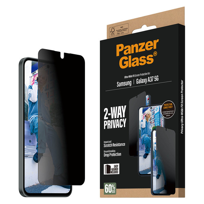 Kaljeno steklo UWF Privacy z aplikatorjem za Samsung Galaxy A37, Prozorna, PanzerGlass