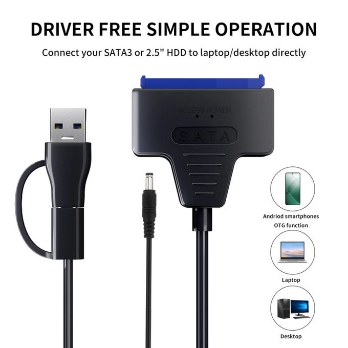 USB 3.0 / USB-C na SATA adapter za 2.5" in 3.5" HDD/SSD, z napajalnikom