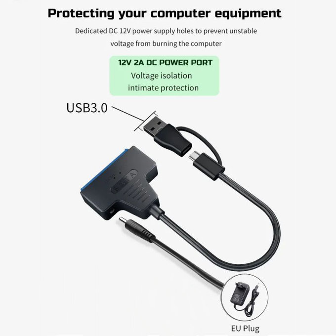 USB 3.0 / USB-C na SATA adapter za 2.5" in 3.5" HDD/SSD, z napajalnikom