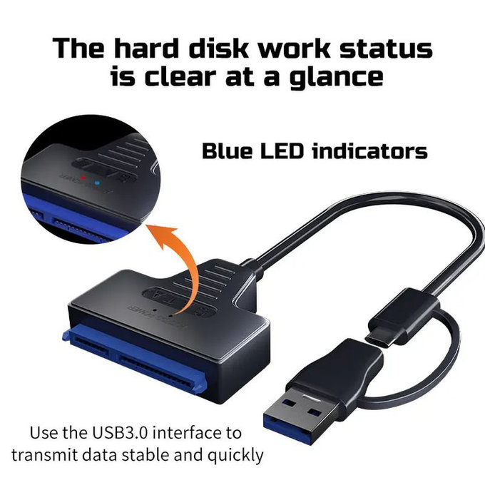 USB 3.0 / USB-C na SATA adapter za 2.5" in 3.5" HDD/SSD, z napajalnikom