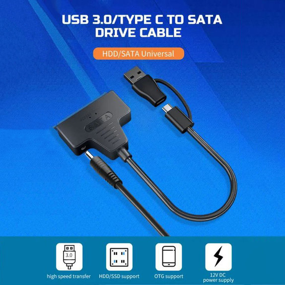 USB 3.0 / USB-C na SATA adapter za 2.5" in 3.5" HDD/SSD, z napajalnikom
