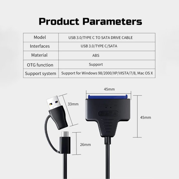 USB 3.0 / USB-C na SATA adapter za 2.5" in 3.5" HDD/SSD, z napajalnikom