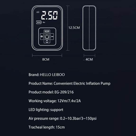 Brezžični kompresor za pnevmatike z digitalnim zaslonom, 150 PSI, črn