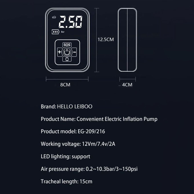 Brezžični kompresor za pnevmatike z digitalnim zaslonom, 150 PSI, črn