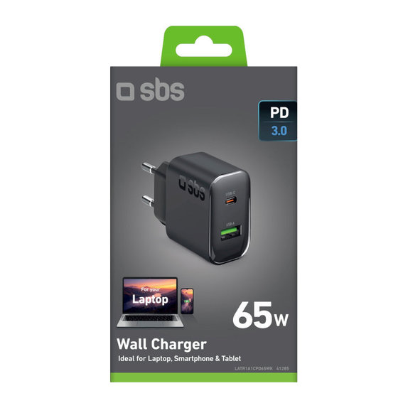 Potovalni adapter USB-A/USB-C, GaN, 65 W PD, črna, SBS