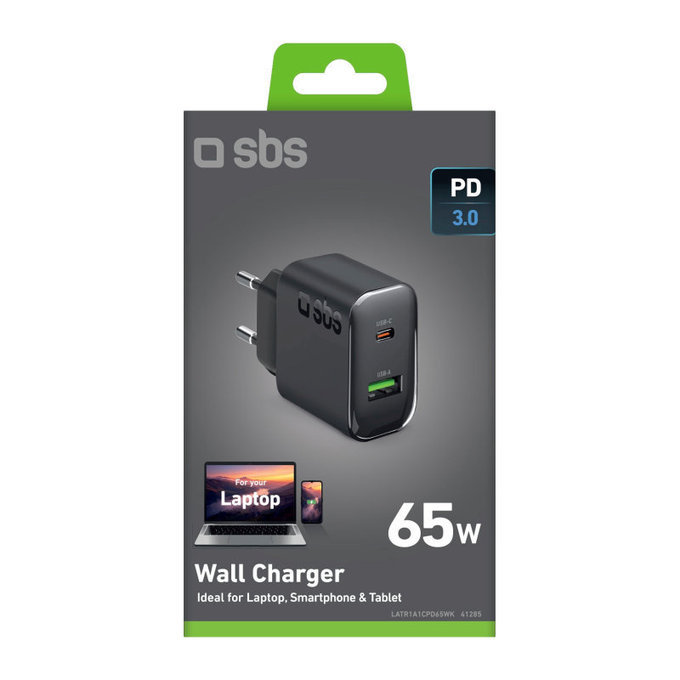 Potovalni adapter USB-A/USB-C, GaN, 65 W PD, črna, SBS