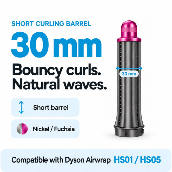 Kratek nastavek za kodranje za Dyson Airwrap HS01, HS05, 30 mm, Nickel / Fuchsia