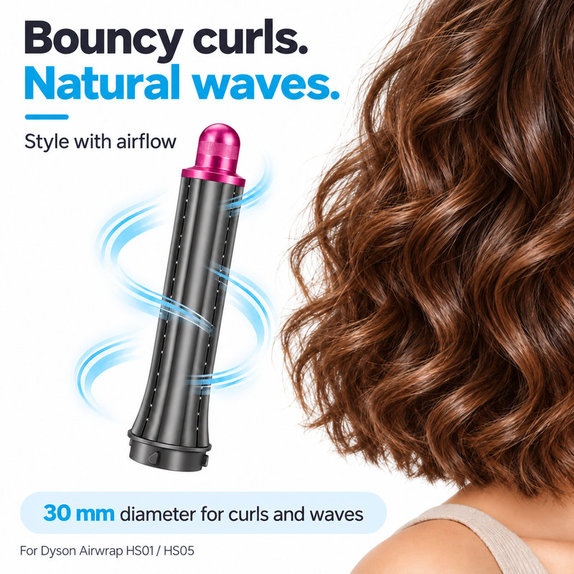 Kratek nastavek za kodranje za Dyson Airwrap HS01, HS05, 30 mm, Nickel / Fuchsia