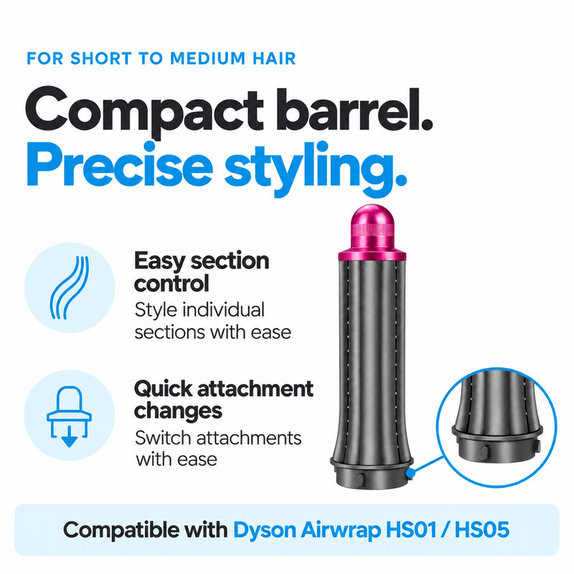 Kratek nastavek za kodranje za Dyson Airwrap HS01, HS05, 30 mm, Nickel / Fuchsia
