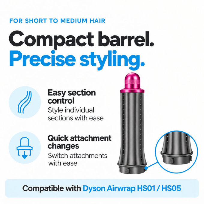 Kratek nastavek za kodranje za Dyson Airwrap HS01, HS05, 30 mm, Nickel / Fuchsia