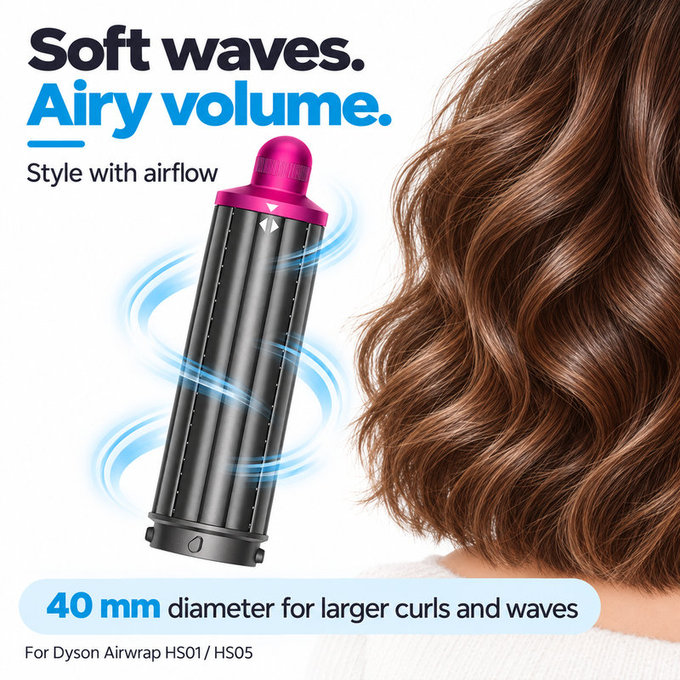 Kratek nastavek za kodranje za Dyson Airwrap HS01, HS05, 40 mm, Nickel / Fuchsia