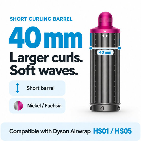 Kratek nastavek za kodranje za Dyson Airwrap HS01, HS05, 40 mm, Nickel / Fuchsia