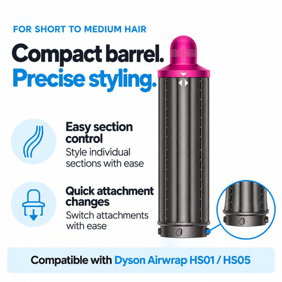 Kratek nastavek za kodranje za Dyson Airwrap HS01, HS05, 40 mm, Nickel / Fuchsia