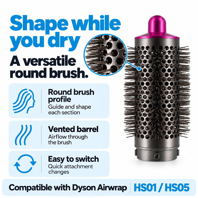 Srednja okrogla krtača za volumen za Dyson Airwrap HS01, HS05, Iron / Fuchsia