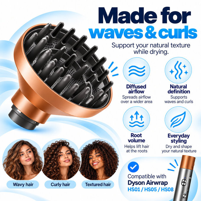 Difuzor Wave + Curl za Dyson Airwrap HS01, HS05, HS08, Copper