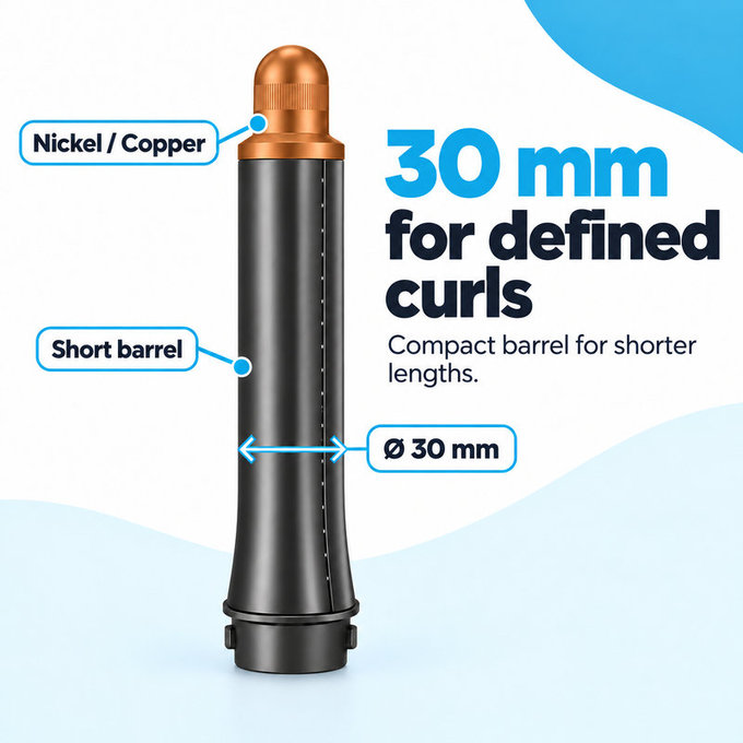 Kratek nastavek za kodranje za Dyson Airwrap HS01, HS05, 30 mm, Nickel / Copper