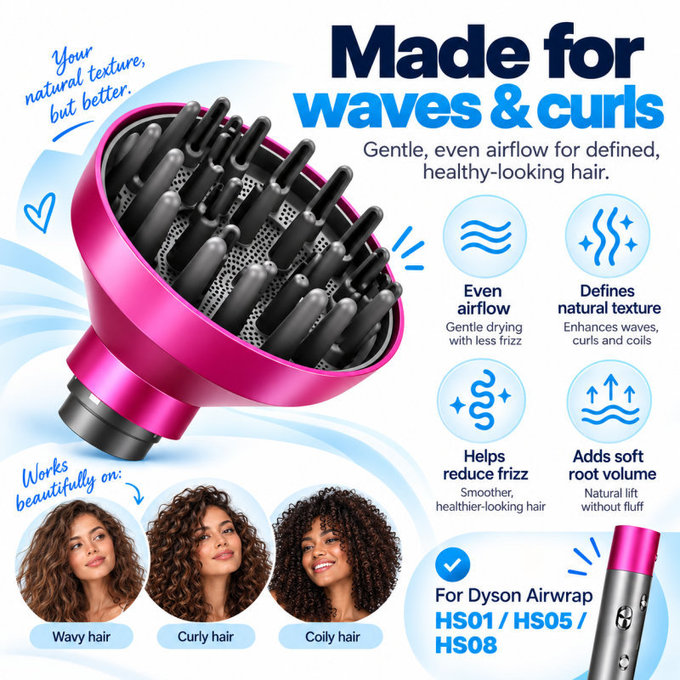 Difuzor Wave + Curl za Dyson Airwrap HS05, Fuchsia