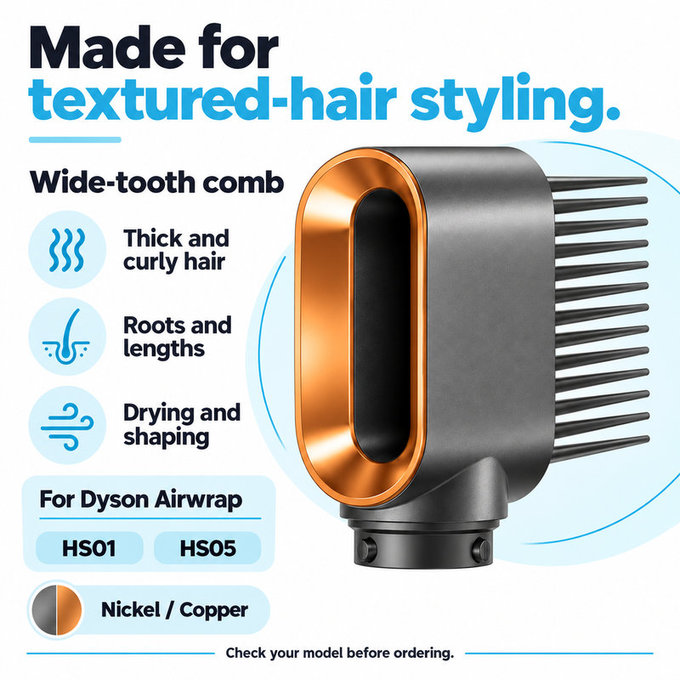 Glavnik s širokimi zobmi za Dyson Airwrap HS01, HS05, Nickel / Copper