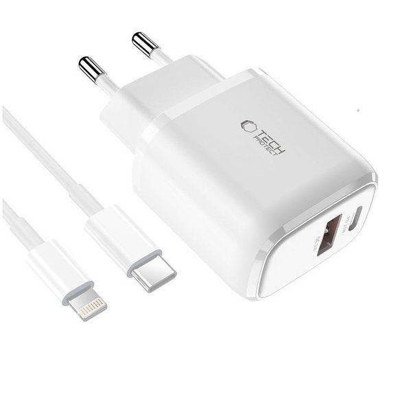 Omrežni polnilnik C20W 2-PORT PD 20W / QC3.0 + Lightning Cable, bela, Tech-Protect