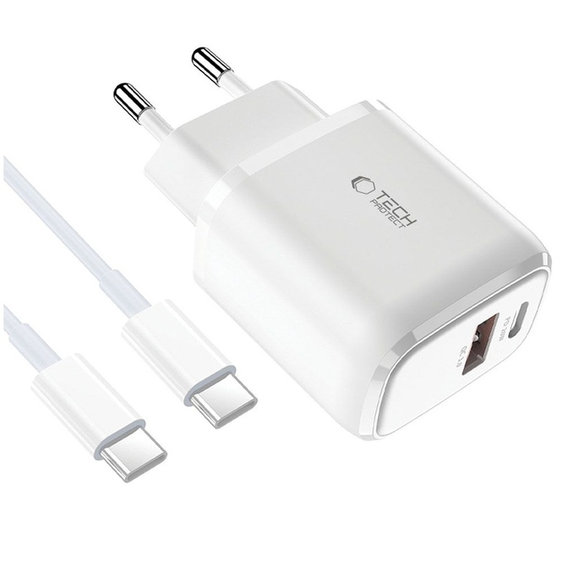 Omrežni polnilnik C20W 2-PORT PD 20W / QC3.0 + USB-C Cable, bela, Tech-Protect
