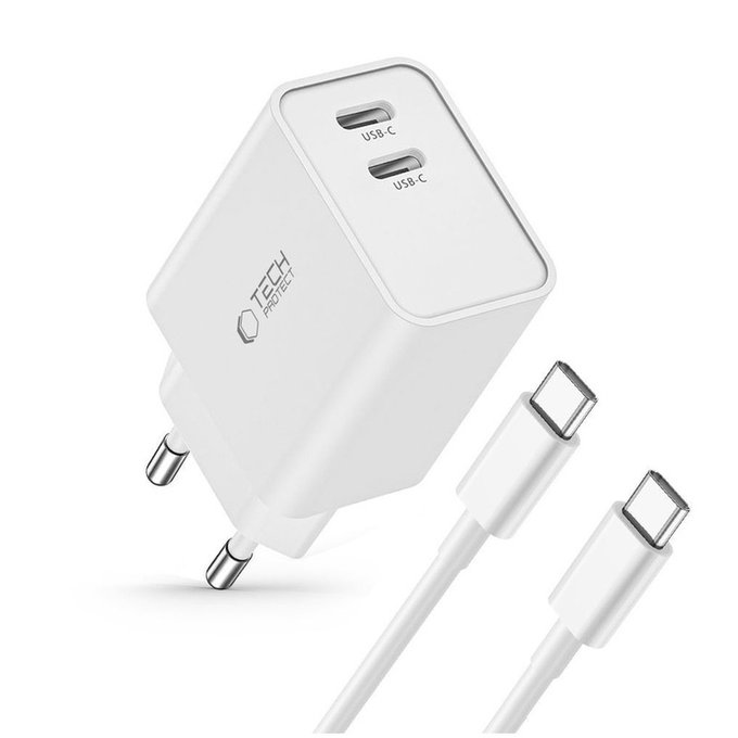 Omrežni polnilnik C35W 2-PORT PD 35W + USB-C Cable, bela, Tech-Protect
