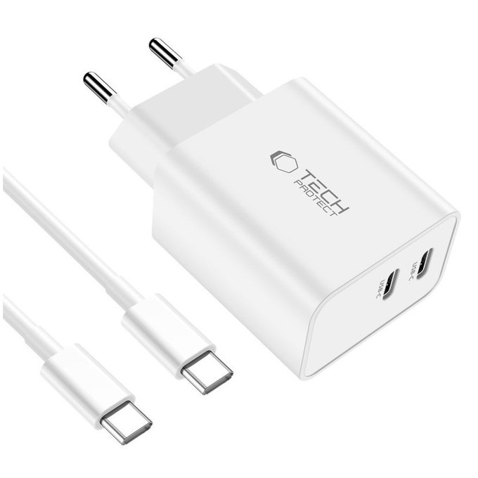 Omrežni polnilnik C35W 2-PORT PD 35W + USB-C Cable, bela, Tech-Protect