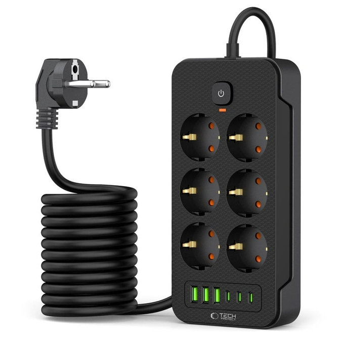 Omrežni polnilnik PC6X6 Power Strip 3 USB & 3 USB-C & 6 Socket 200cm, črna, Tech-Protect