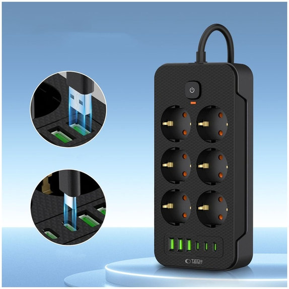 Omrežni polnilnik PC6X6 Power Strip 3 USB & 3 USB-C & 6 Socket 200cm, črna, Tech-Protect