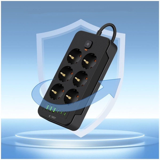 Omrežni polnilnik PC6X6 Power Strip 3 USB & 3 USB-C & 6 Socket 200cm, črna, Tech-Protect