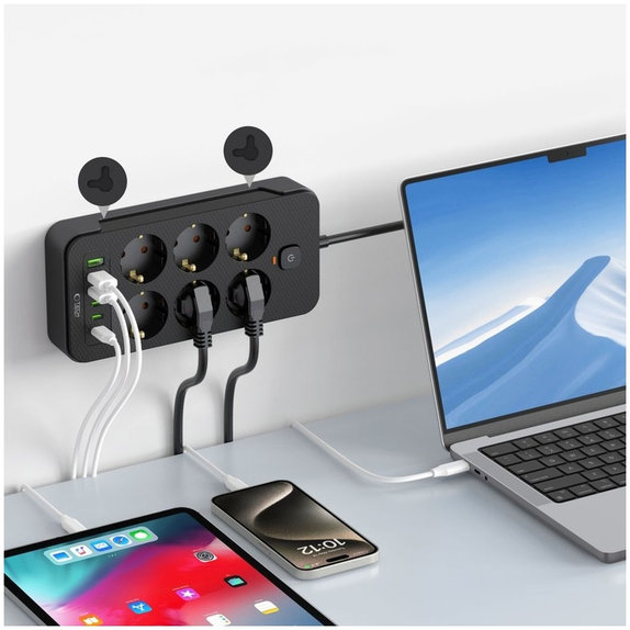 Omrežni polnilnik PC6X6 Power Strip 3 USB & 3 USB-C & 6 Socket 200cm, črna, Tech-Protect