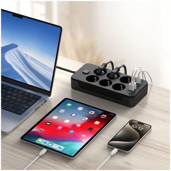 Omrežni polnilnik PC6X6 Power Strip 3 USB & 3 USB-C & 6 Socket 200cm, črna, Tech-Protect