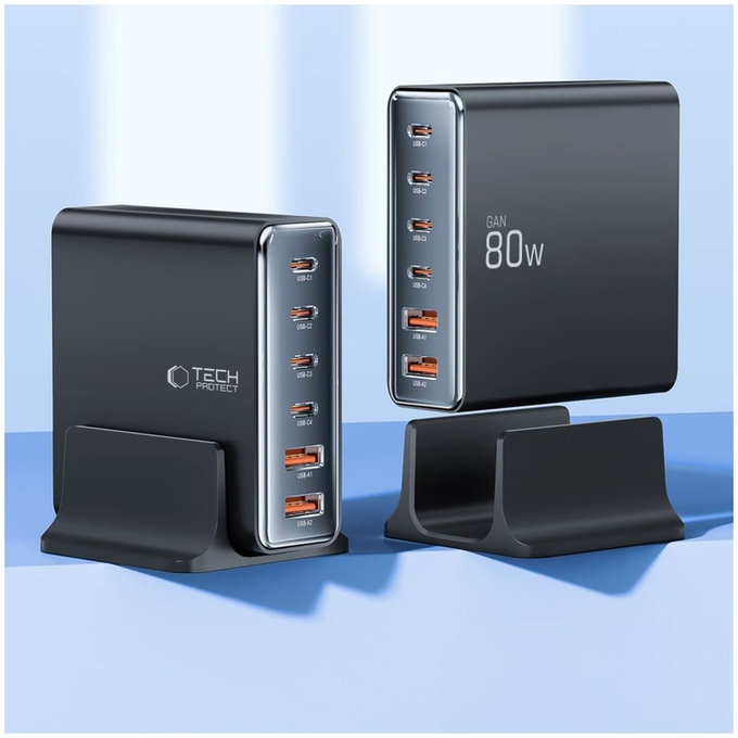 Omrežni polnilnik DC80W-GAN 6-PORT PD 80W / QC3.0, črna, Tech-Protect