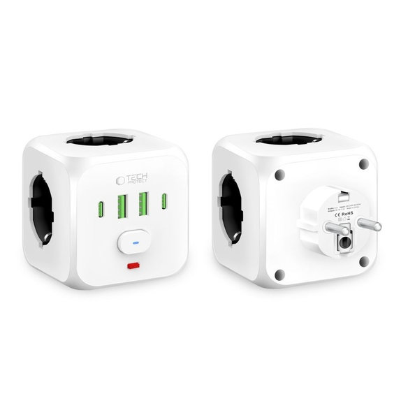 Omrežni polnilnik PCL3X4 Power Socket 2 USB & 2 USB-C & 3 Socket, bela, Tech-Protect