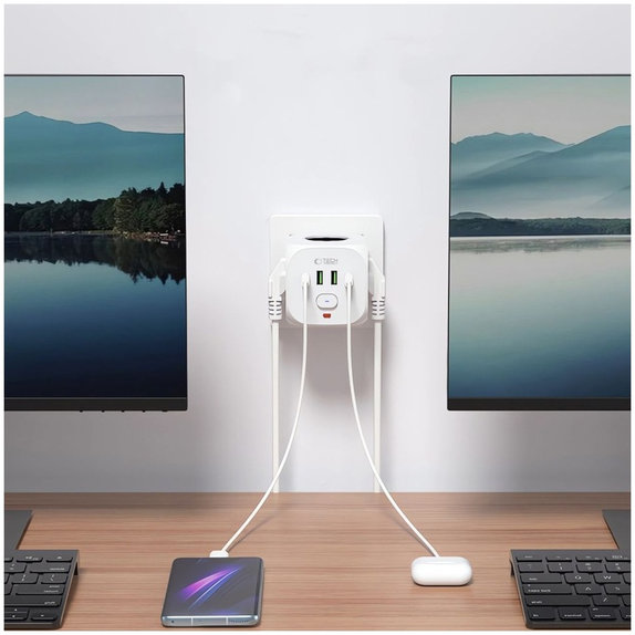 Omrežni polnilnik PCL3X4 Power Socket 2 USB & 2 USB-C & 3 Socket, bela, Tech-Protect
