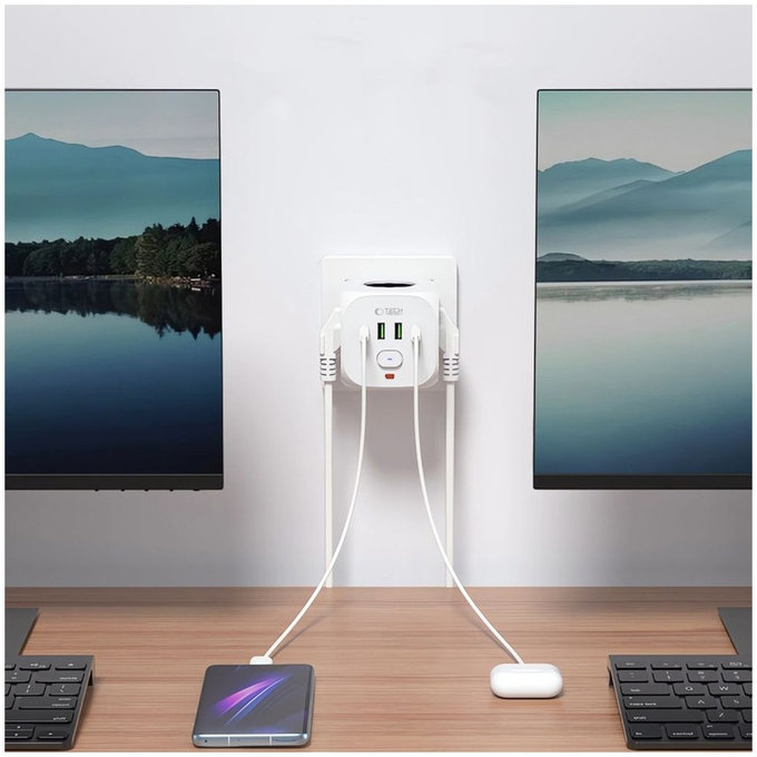 Omrežni polnilnik PCL3X4 Power Socket 2 USB & 2 USB-C & 3 Socket, bela, Tech-Protect