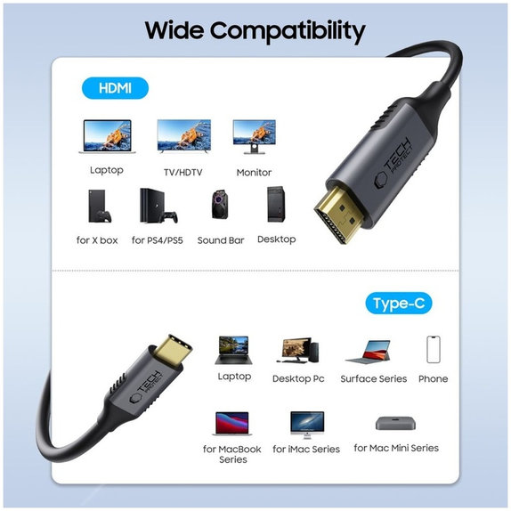 Kabel Ultraboost Cable USB-C / HDMI 2.0 4K 60Hz 180cm, črna, Tech-Protect