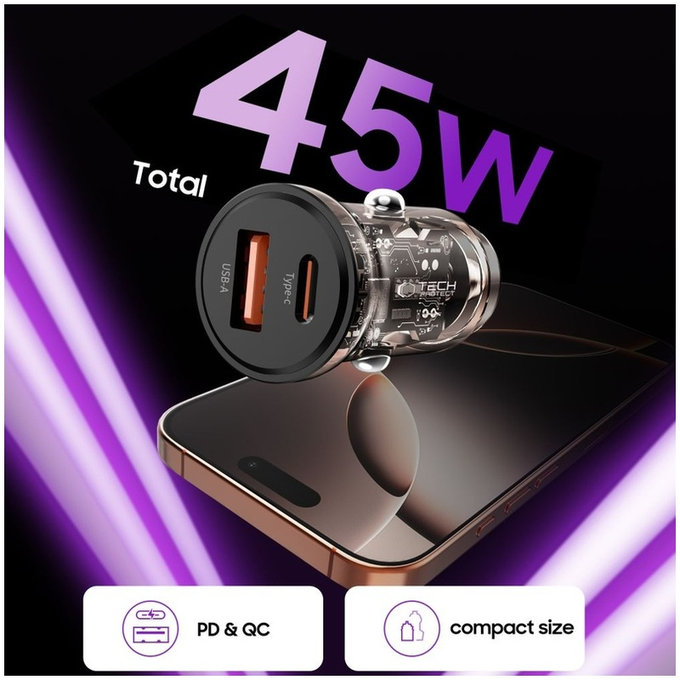 Avtopolnilnik CC01 2-PORT PD 45W / QC3.0, črna, Tech-Protect