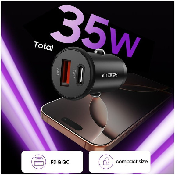 Avtopolnilnik CC02 2-PORT PD 35W / QC3.0, črna, Tech-Protect