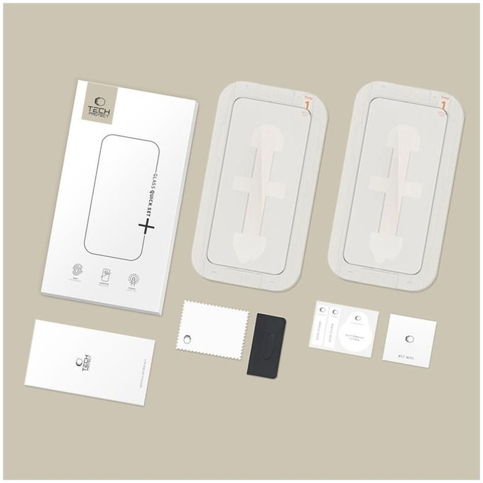 Kaljeno steklo Quick Set+ 2-PACK za iPhone 15 / 16, črna, Tech-Protect