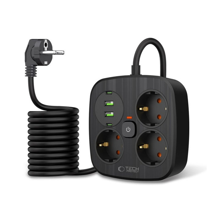 Omrežni polnilnik PCS3X4 Power Strip 2 USB & 2 USB-C & 3 Socket 200cm, črna, Tech-Protect